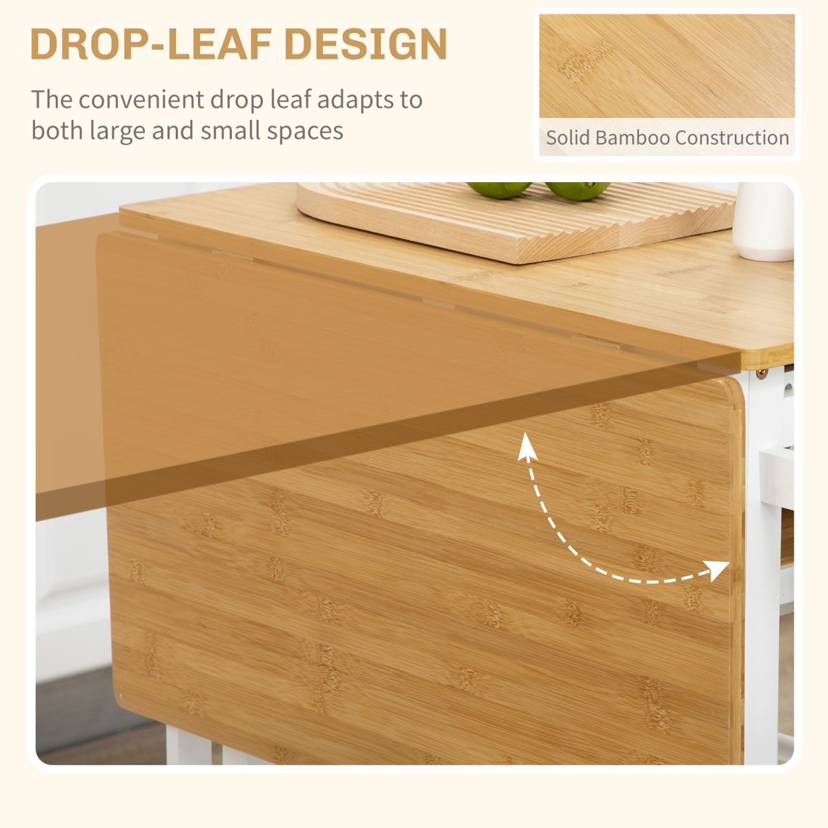 HOMCOM Bamboo Breakfast Cart Drop Leaf Table Stools - HOMCOM - Home Symphony