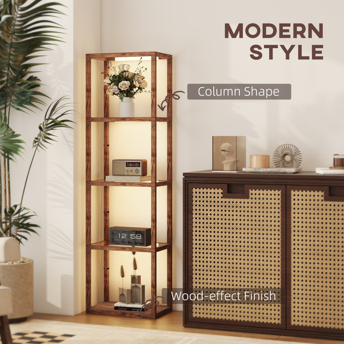 Wood Floor Lamp 180cm 4 Tier Shelf LED Dimmer Home - N/A - Home Symphony