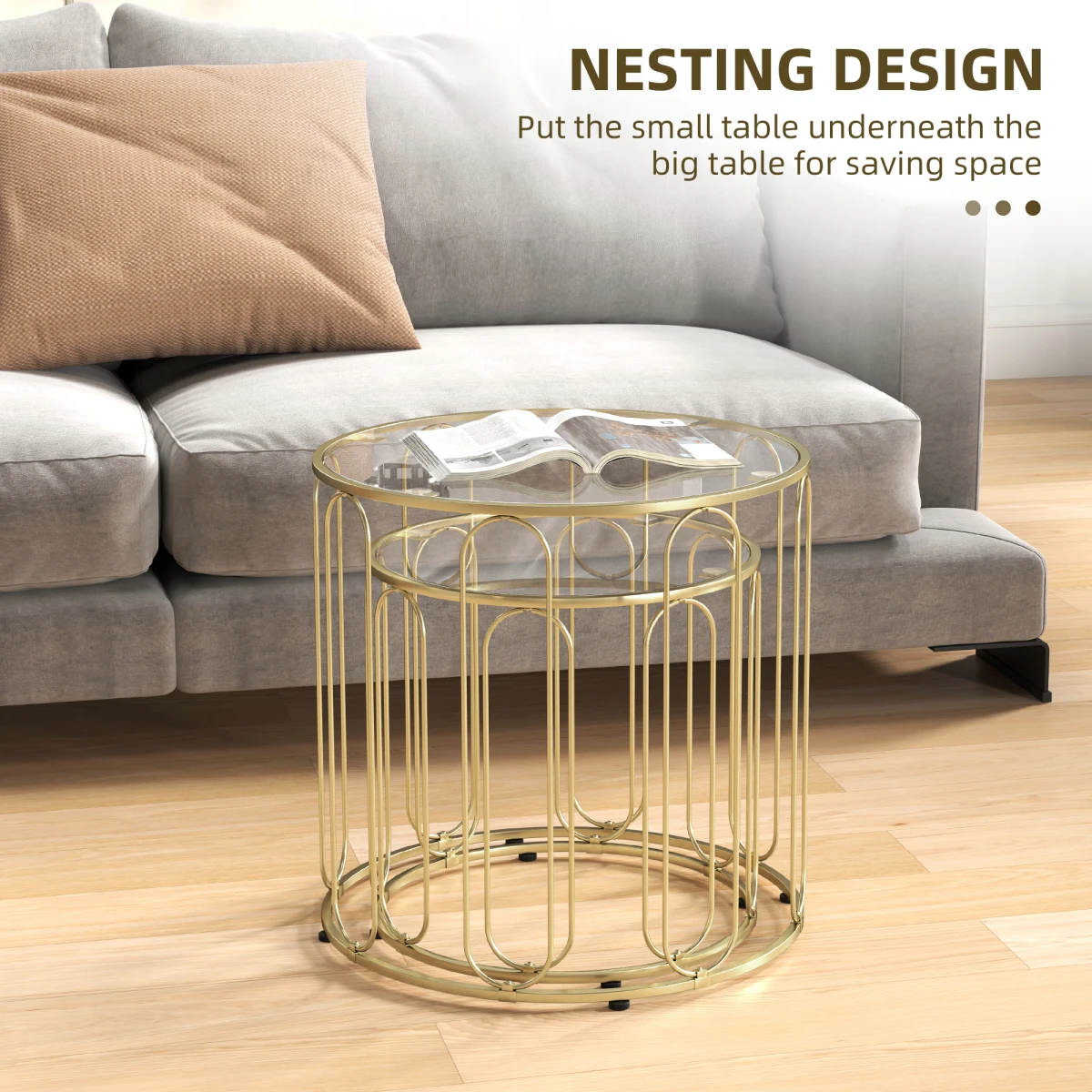 HOMCOM Nesting Coffee Tables Glass Top Gold Home by HOMCOM