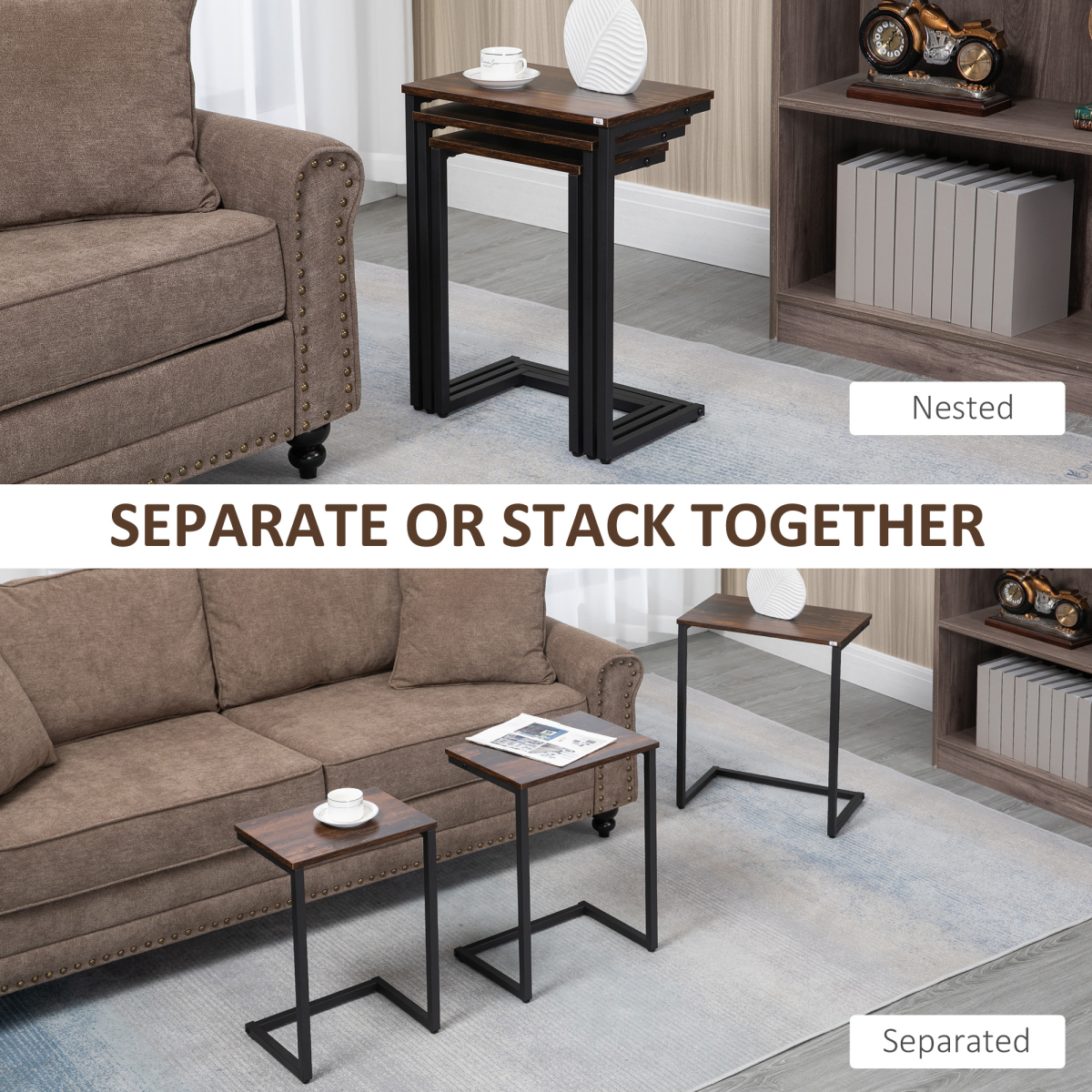 HOMCOM C Shaped Nesting Tables Set of 3 Small Medium Large Rustic Brown Steel Frame Space Saving Living Room End Tables - HOMCOM - Home Symphony