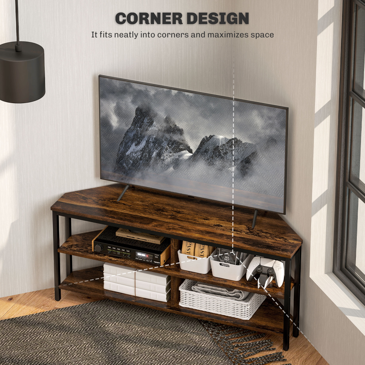 HOMCOM 50in Rustic Brown Corner TV Stand with metal frame and storage shelves for media devices.