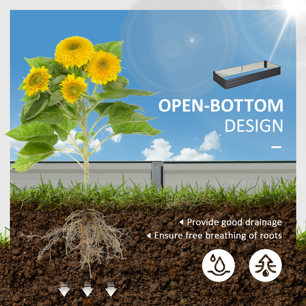 Outsunny 120x80cm open-bottom galvanized steel raised garden bed with soil and roots visible.