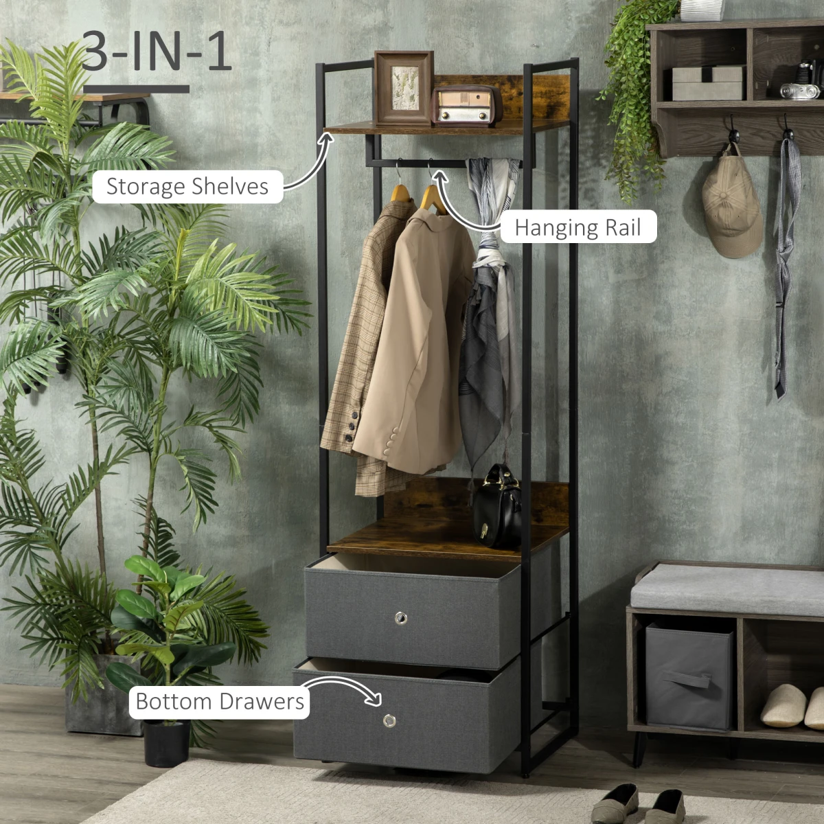 Rustic Industrial Clothes Rack Garment with 2 Fabric Drawers by Unbranded