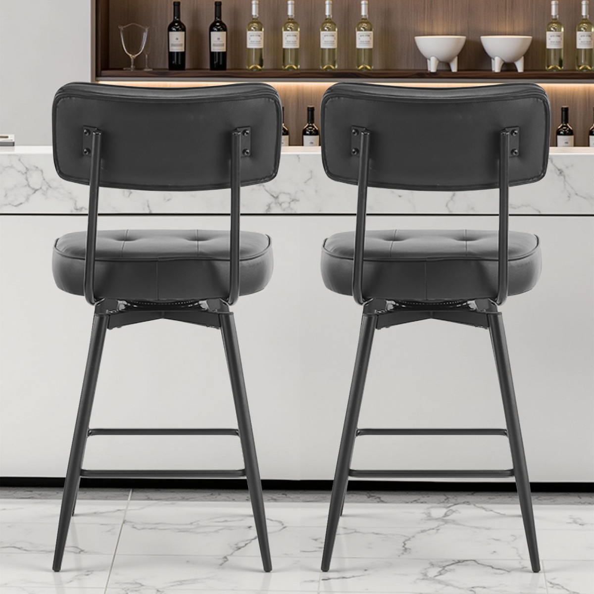 2 Pcs Black PU Swivel Bar Stools with Button-Tufted Backrest and Metal Legs - N/A - Home Symphony