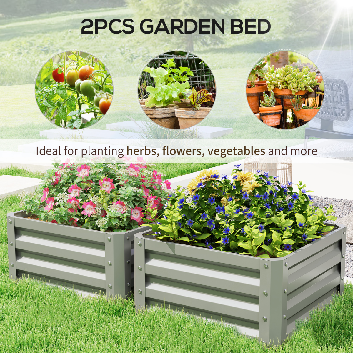 Two-pack galvanised steel raised garden beds on a lawn, filled with flowers and herbs.
