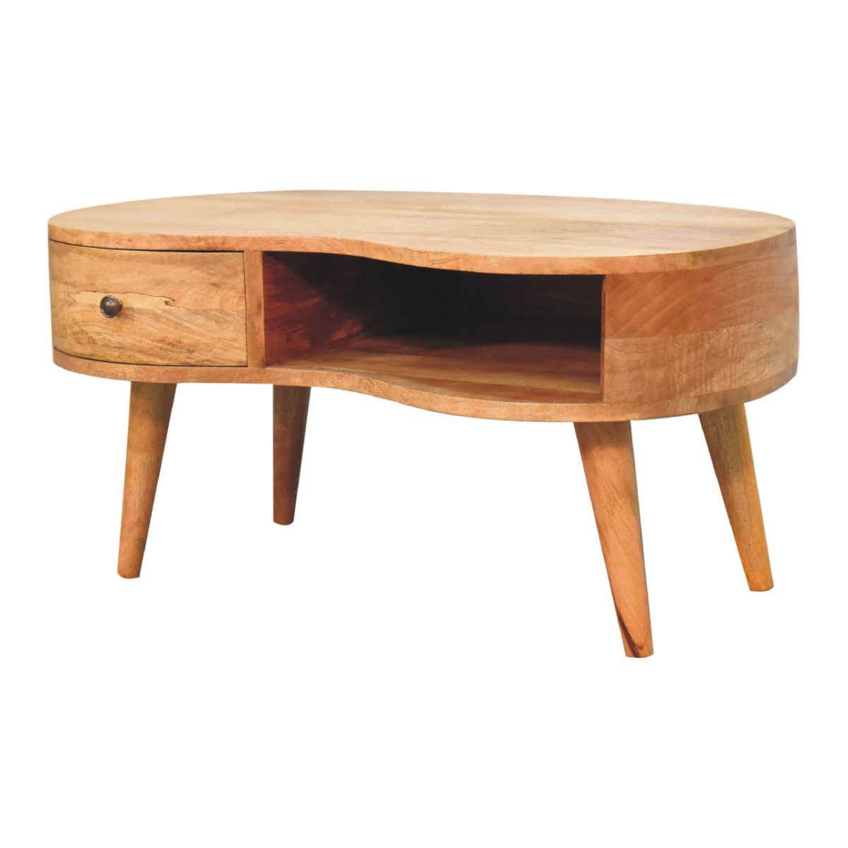 Artisan Coffee Table Oval 40InL Solid Mango Wood Oakish Finish Curved Wave Drawer Shelf For Modern Living Rooms - Artisan Furniture - Home Symphony