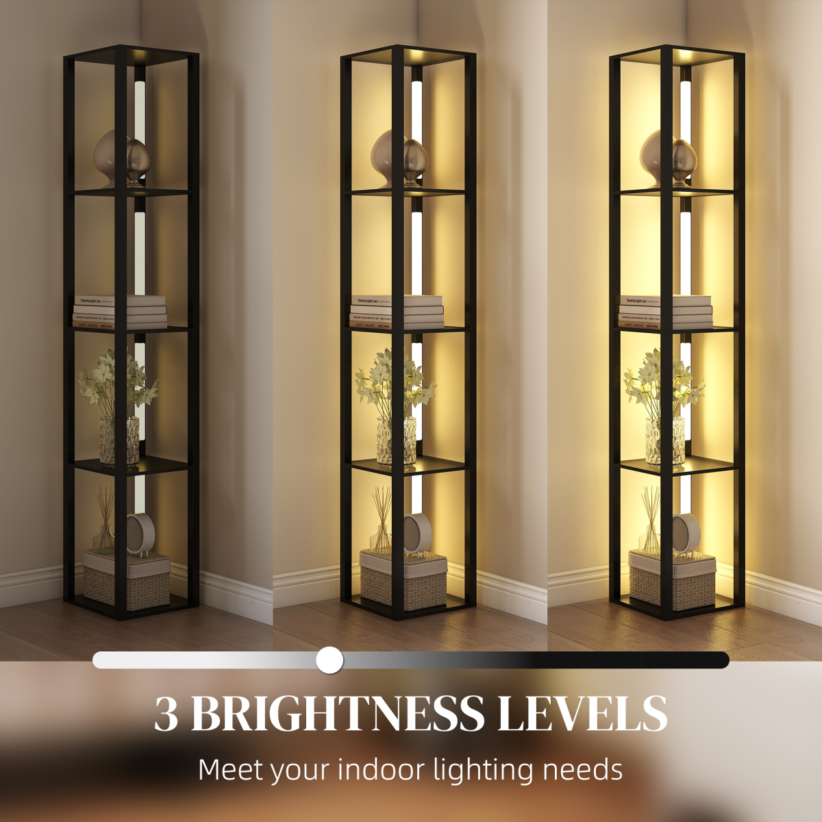 Stylish HOMCOM Floor Lamp for Living Room, Standing Lamp with Foot Switch, Black, featuring 3 brightness levels and shelves.