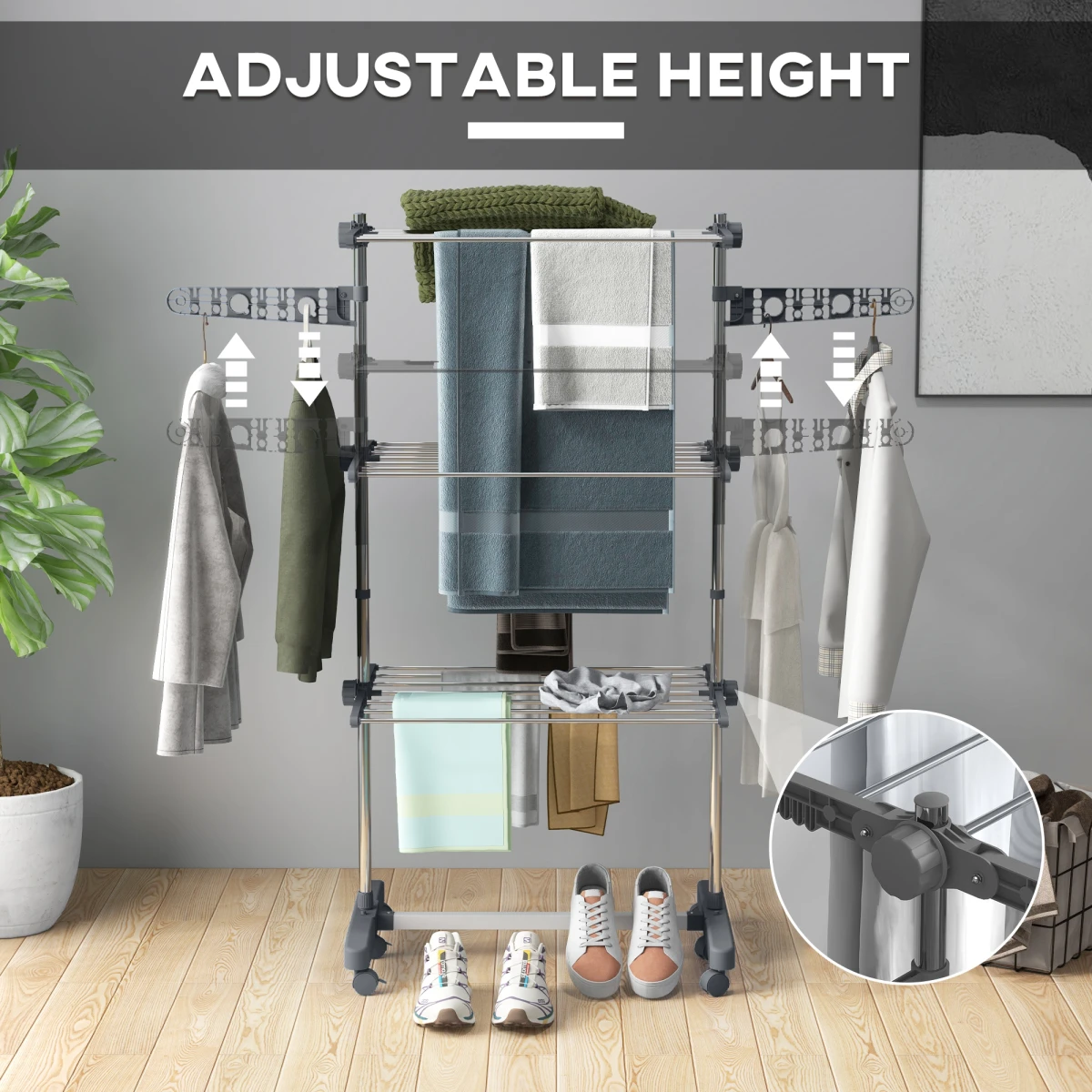 HOMCOM 3 Tier Large Clothes Airer 64.8cm Wheeled For Home by HOMCOM