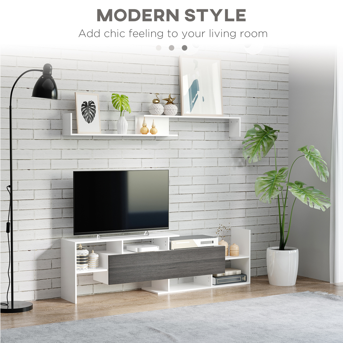 HOMCOM TV cabinet with open shelves and hidden flip-down cabinet, with wall shelves in a modern living room.