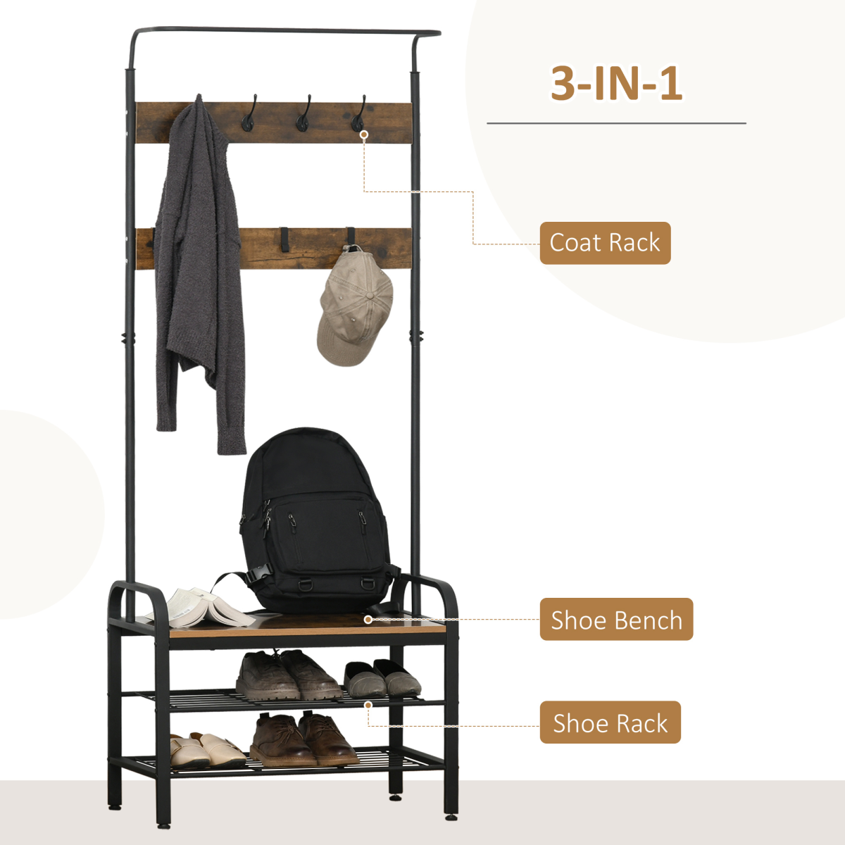 Industrial Coat Rack Stand With 8 Hooks And Brown Storage Shelf Tall Entryway Organizer - Unbranded - Home Symphony