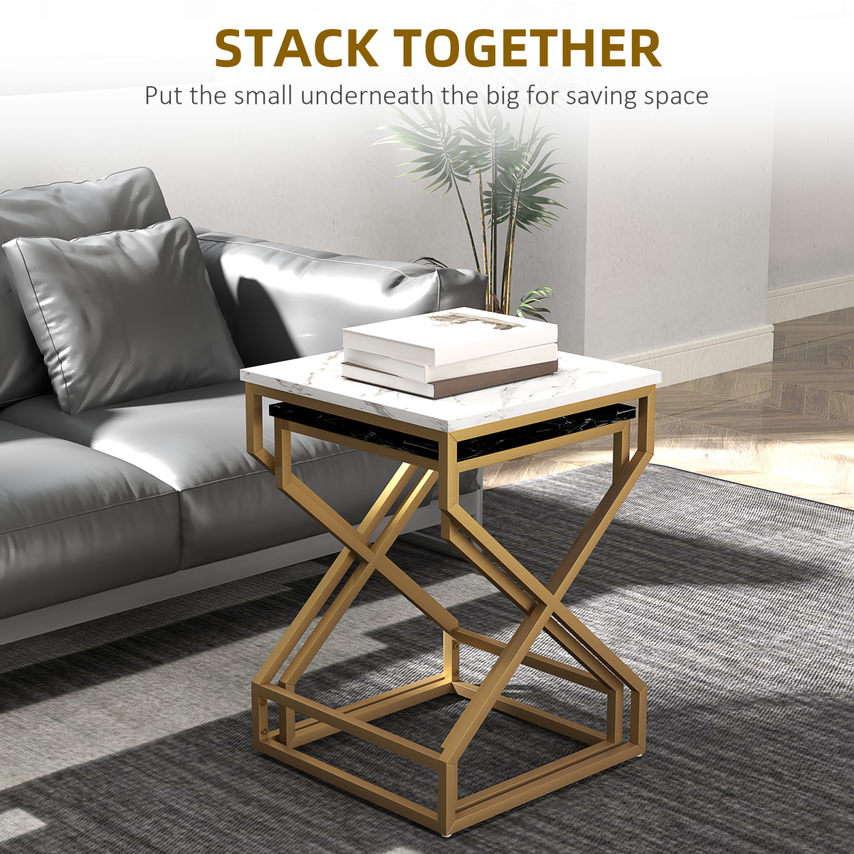 HOMCOM Nest Of Tables Two Piece Set Marble Effect Tops Gold Tone Steel Frame For Living Room - HOMCOM - Home Symphony