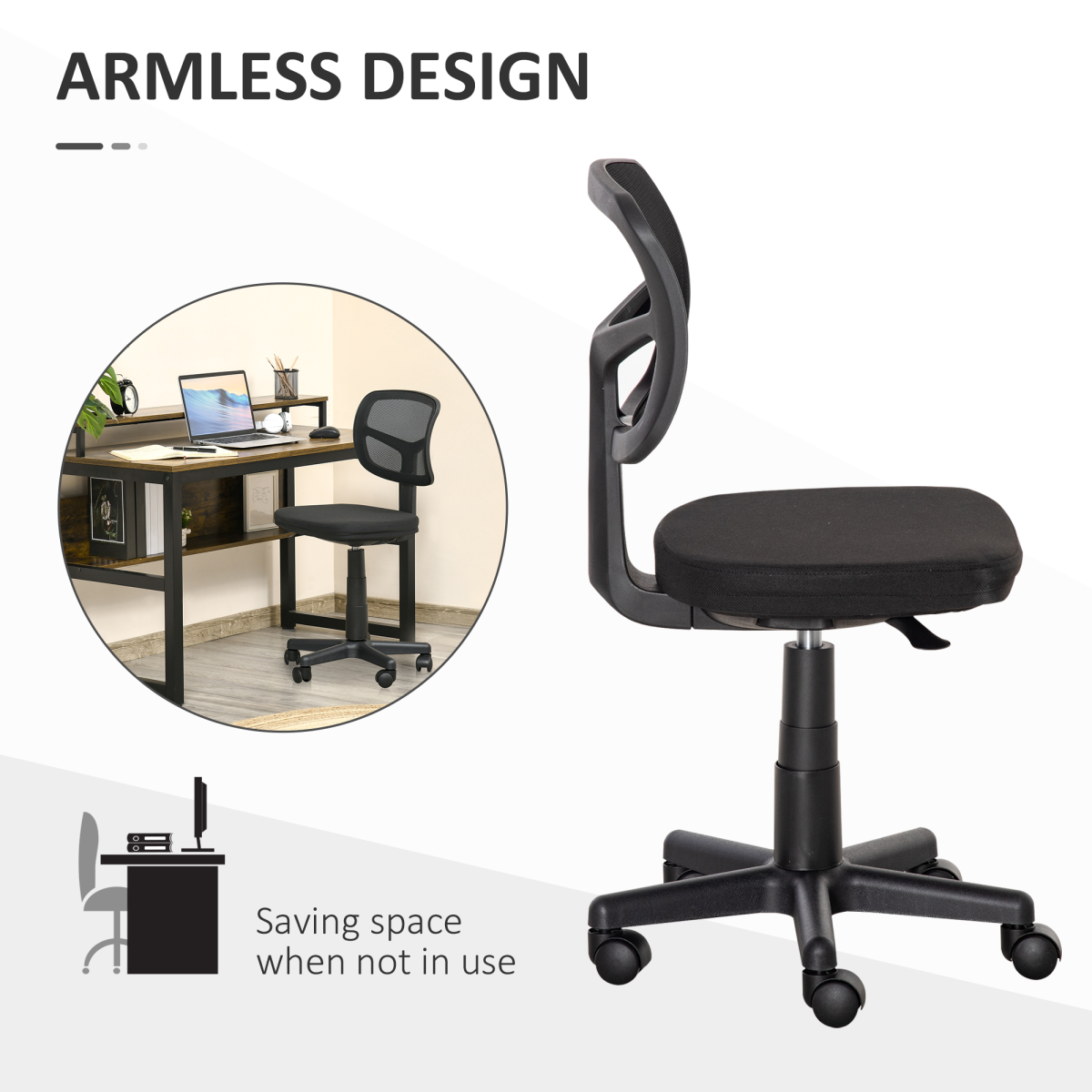 Vinsetto Office Chair Small Armless Ergonomic Breathable Mesh Back For Small Home Office - Vinsetto - Home Symphony