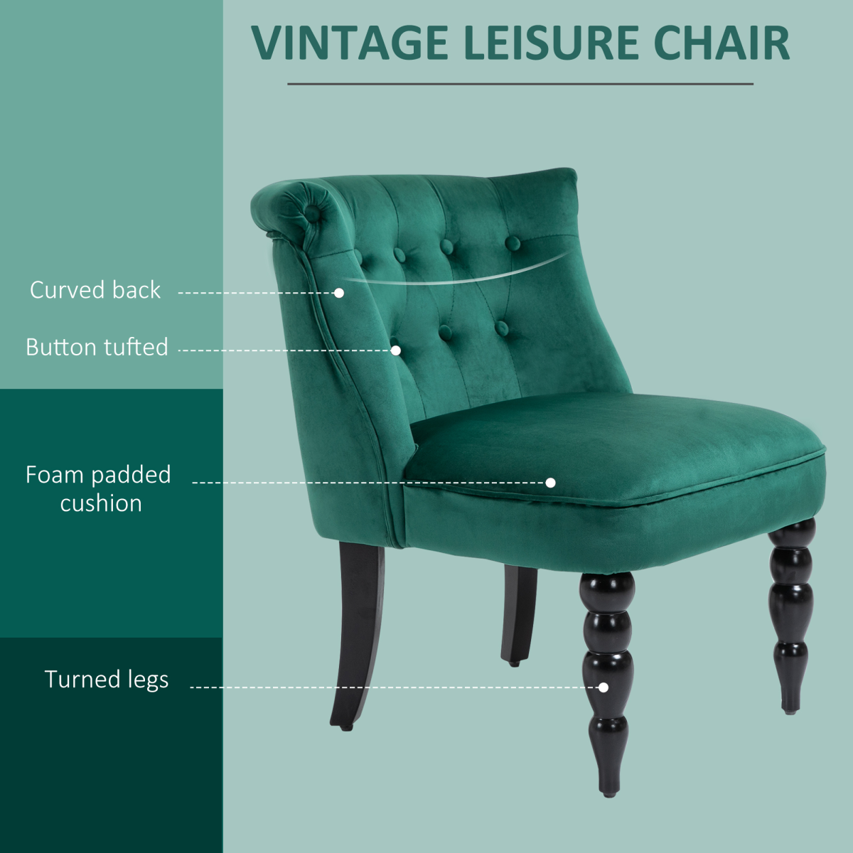 HOMCOM Velvet Wingback Chair Tufted Back Rubber Wood Legs in teal velvet, turned legs.