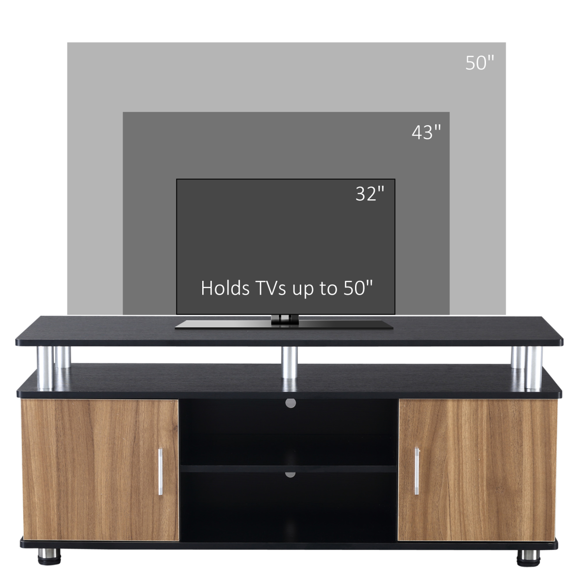Premium TV cabinet stand with two walnut cupboards, 58-inch, black top and silver metal accents.