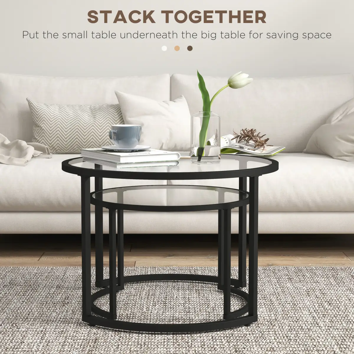 HOMCOM HOMCOM Glass Coffee Table Set of 2, Round Nest of Tables for Living Room - Coffee Table