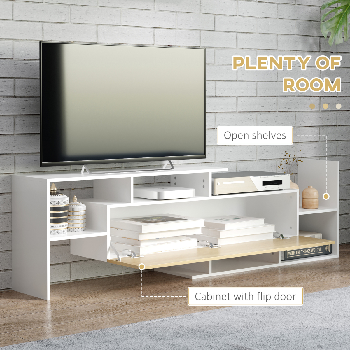 HOMCOM white TV cabinet with floating shelf, open compartments and flip-door storage for a 65-inch TV setup