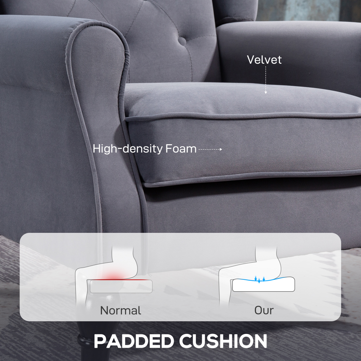 Charcoal velvet accent armchair with high-rise back, deep button tufting, and solid wood legs.