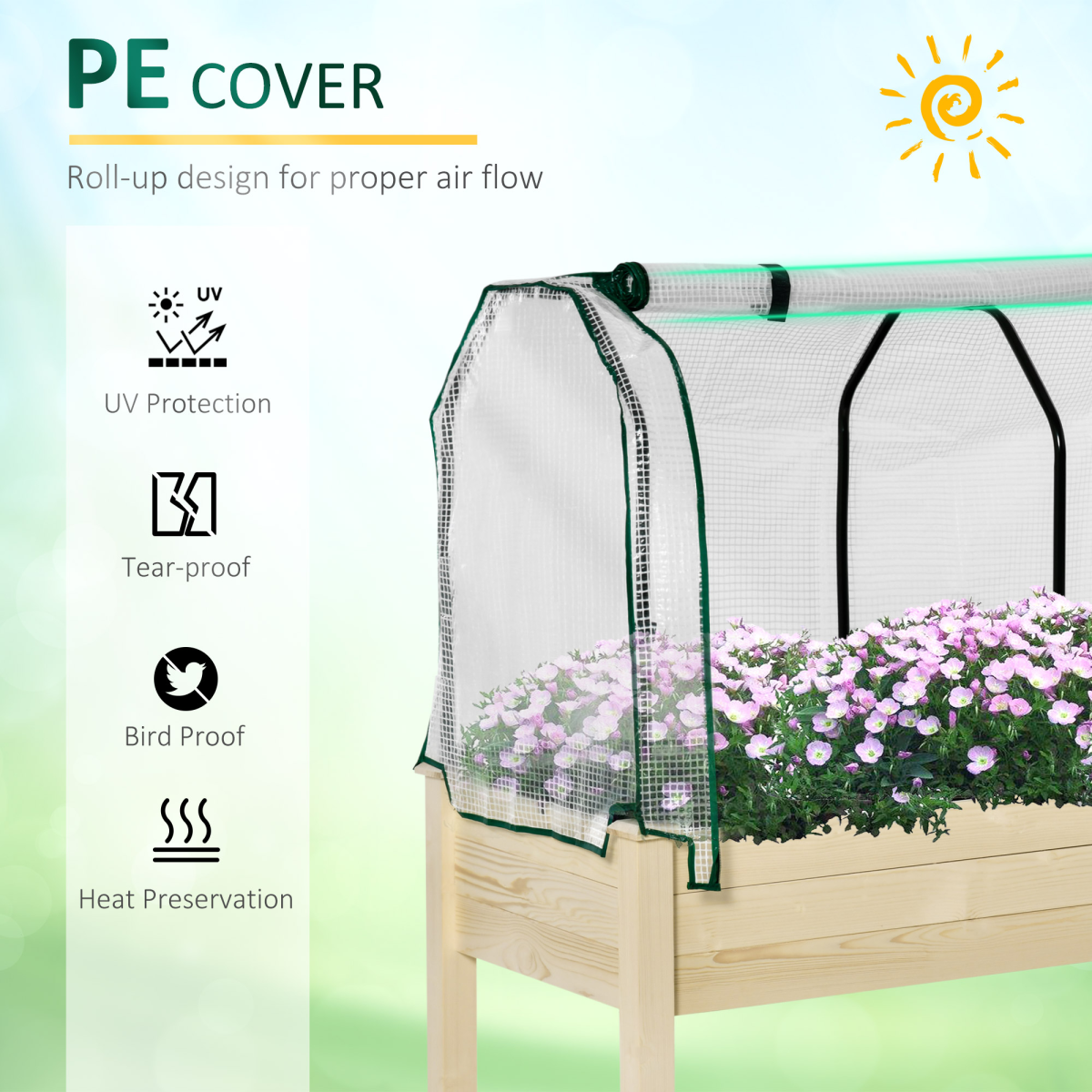 Top Garden Bed 4ft Planter with PE greenhouse cover over blooming flowers for home gardeners