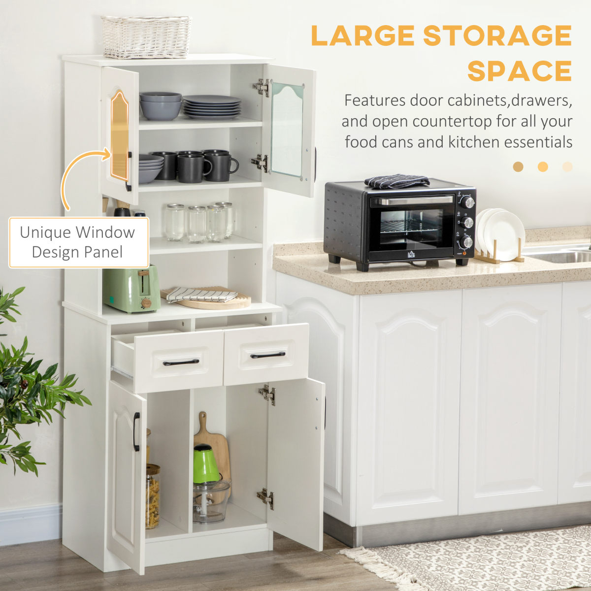 HOMCOM 168cm Kitchen Cupboard Storage Cabinet w/ Shelves & Drawers,Open Counter White - Display Cabinet