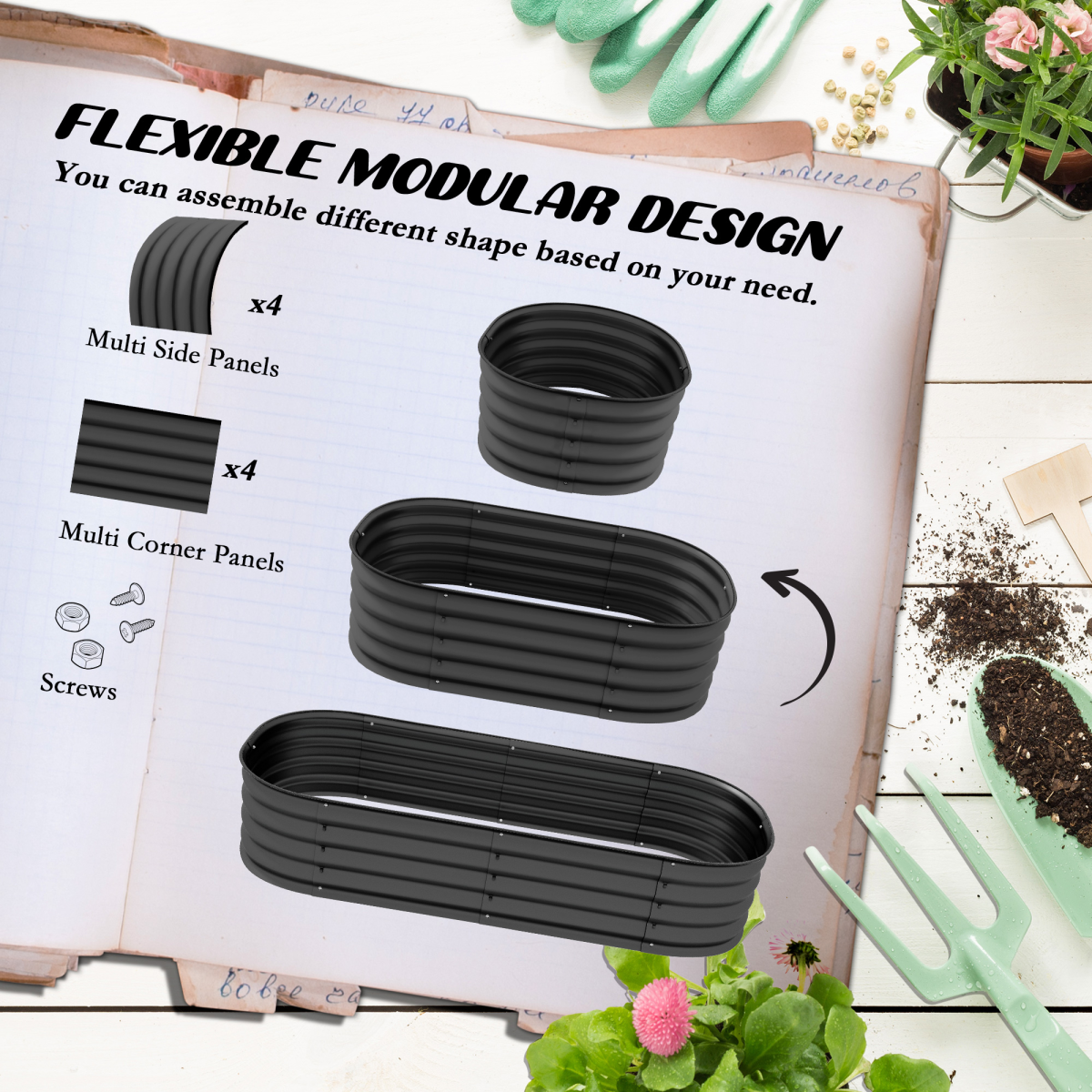 Outsunny raised garden bed planter with safety edging; modular panels assembly diagram with screws.