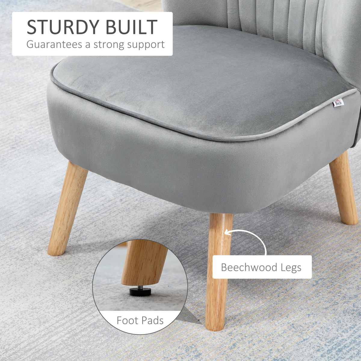 Home Symphony Velvet Feel Accent Chair Ottoman TubSeat Padding Wood Legs with soft gray velvet, beechwood legs