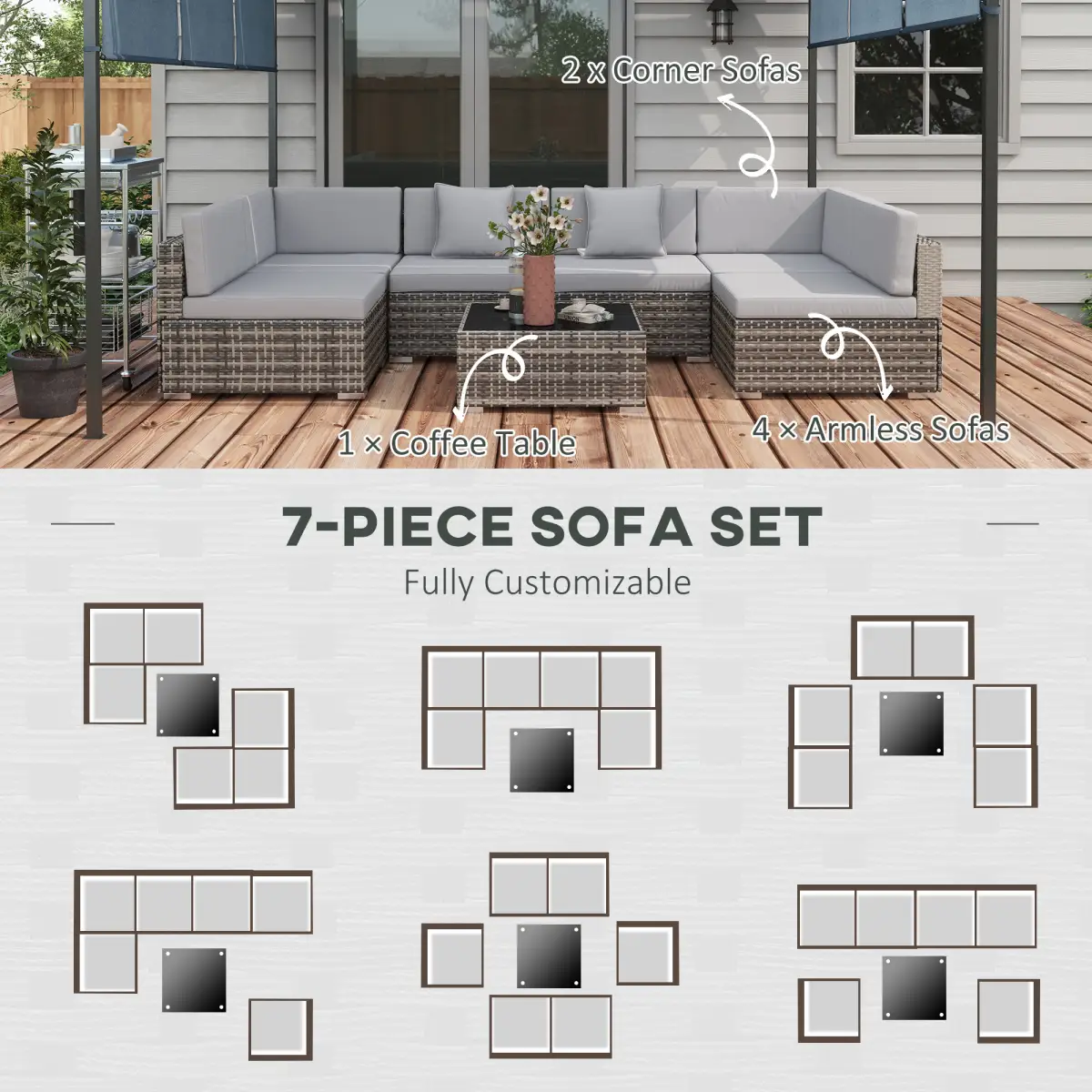 Outsunny Outsunny 7PC Rattan Garden Furniture Set Coffee Table Buckle Structure, Grey - Garden Sofa Sets