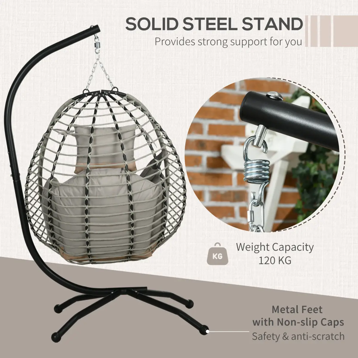 Outsunny Outsunny Hanging Swing Chair with Thick Cushion, Patio Hanging Chair, Grey - Hammocks