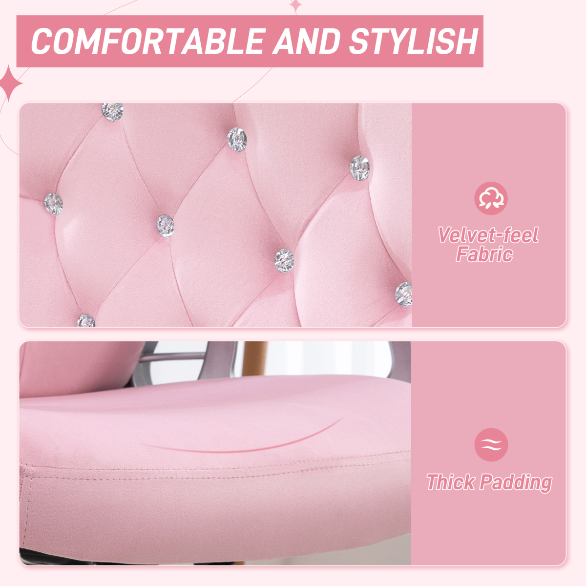 Vinsetto Home Office Chair 47 to 57 cm Height and Tilt Adjustment Velvet Upholstery with Diamonds for Home Office