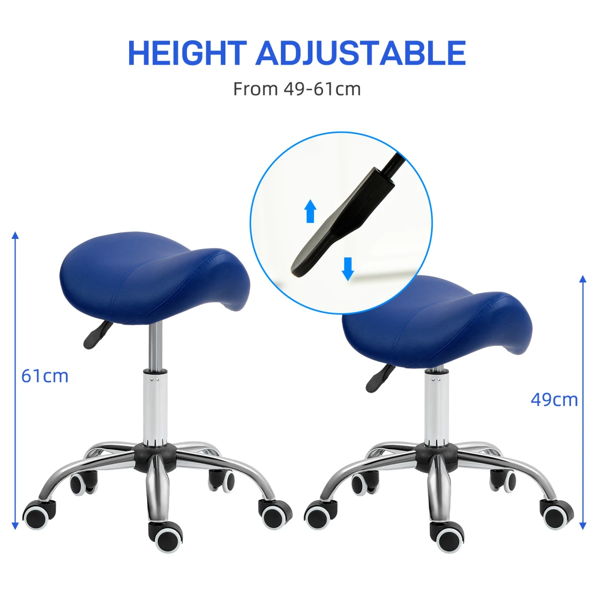 HOMCOM Saddle Stool 49-61cm Blue PU Leather 5-Wheel Base for Salons and Home Beauty by HOMCOM