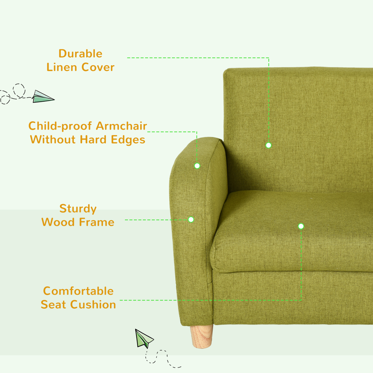 HOMCOM green kids armchair with wooden frame, padded seat and linen upholstery for kids' bedroom.