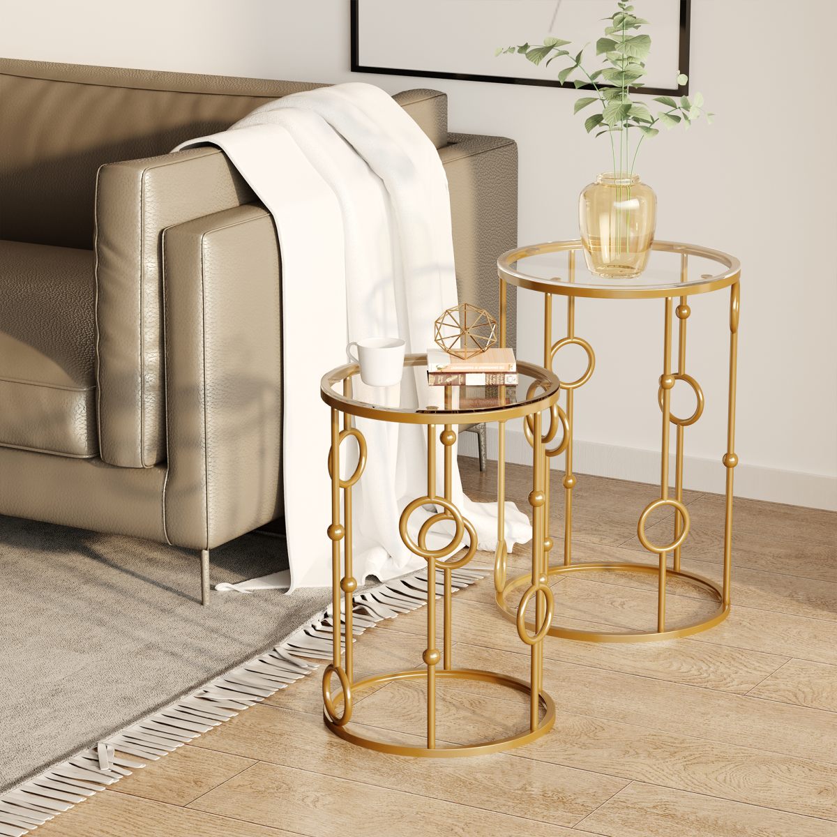 HOMCOM Gold Nesting Coffee Tables Set of Two with Tempered Glass Tops Living Room Decor - HOMCOM - Home Symphony