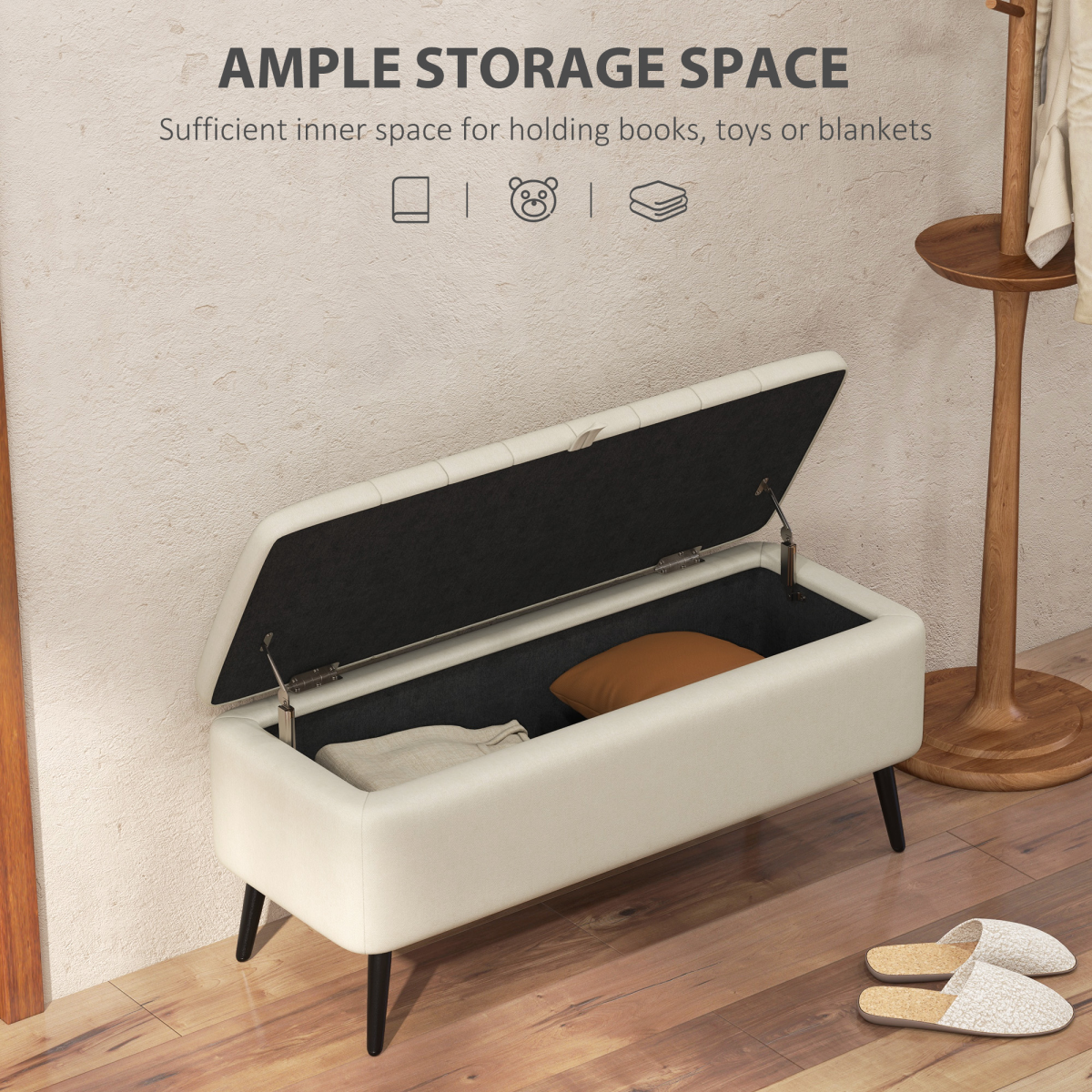 HOMCOM Storage Ottoman Bench Compact Linen Cream White With Under Seat Storage And Padded Lid For Living Room - HOMCOM - Home Symphony