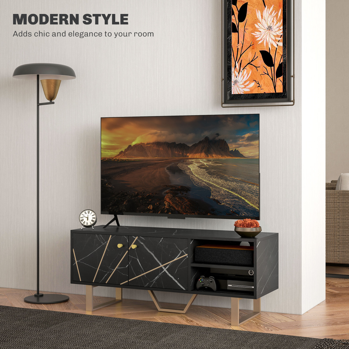 HOMCOM black marble TV unit with storage for living room: two shelves, a cupboard, and cable hole for hidden wires.