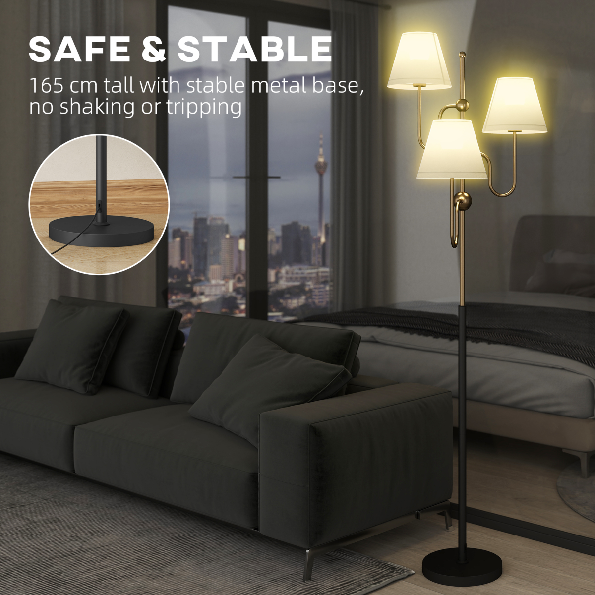 Stylish HOMCOM 3-Light Floor Lamp, 165 cm Tall Standing Lamp with Foot Switch enhances any room with elegance and convenience.