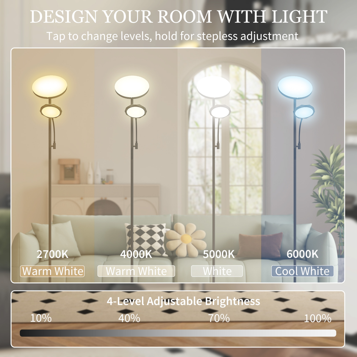 HOMCOM Floor Lamp for Living Room, Standing Lamp with 4 Scene Modes, Black, features adjustable brightness and color temperature.