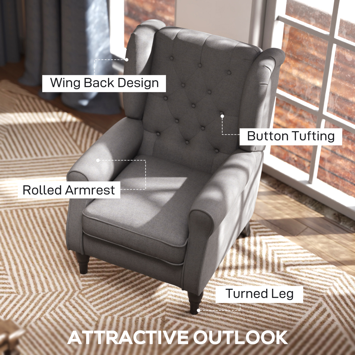 Compact retro-inspired grey fabric wingback armchair with tufted back, padded seat, rolled arms and wooden legs.