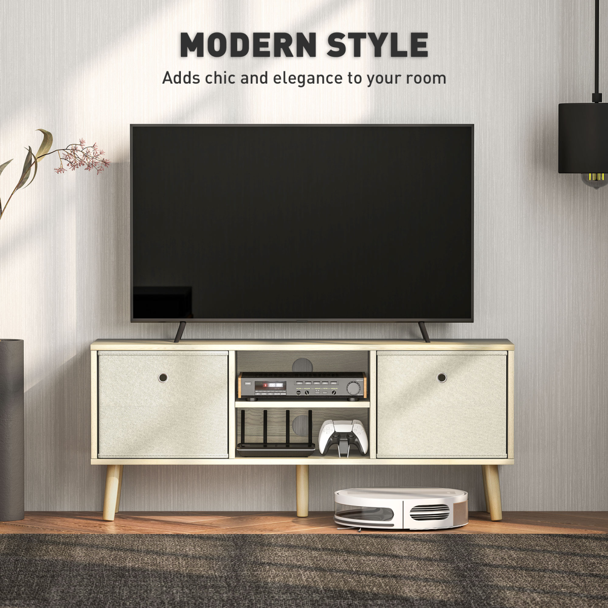 HOMCOM Modern TV Cabinet with Shelves and two removable fabric drawers in light wood finish, TV on top.
