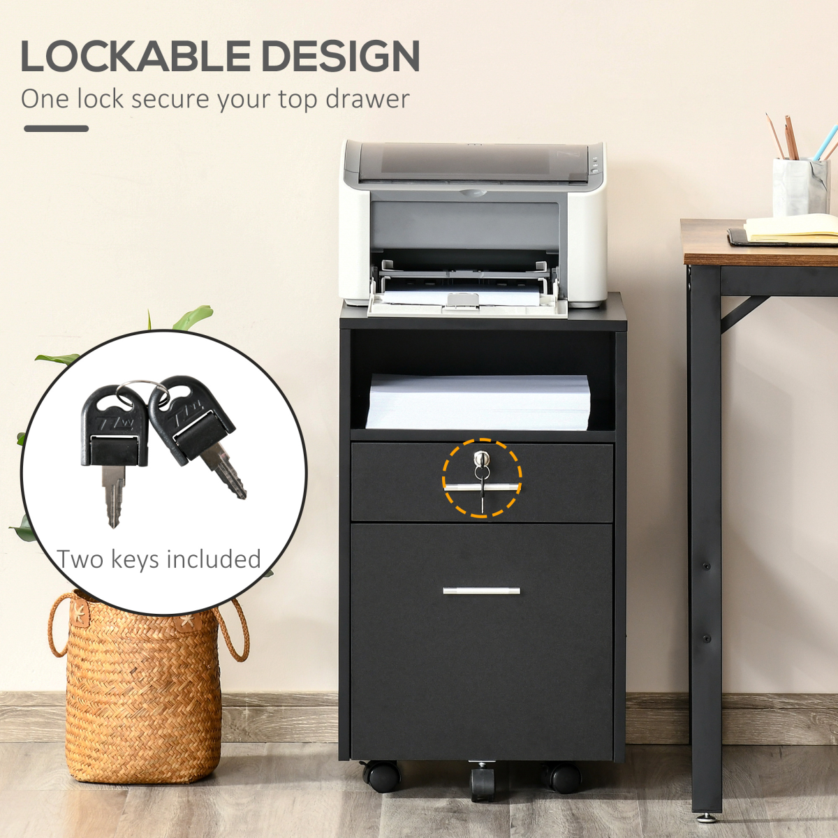 Vinsetto Mobile File Cabinet Compact Lockable Top Drawer 2 Keys Five Wheel Black Home Office Storage