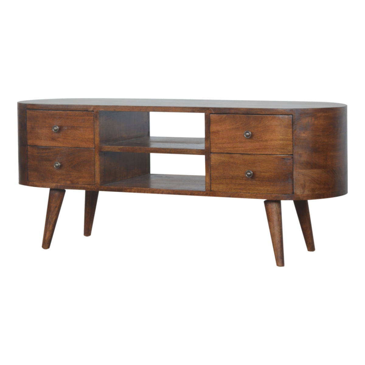 Artisan Entertainment Unit in chestnut solid mango wood with rounded edges, 4 drawers and open shelves for storage.