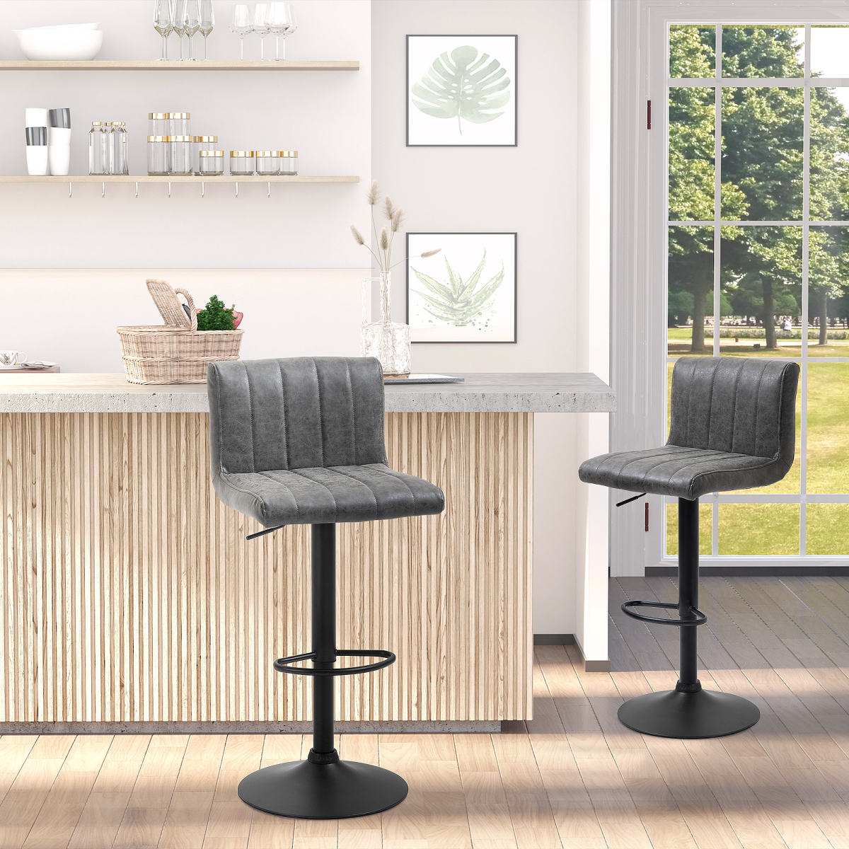 HOMCOM Premium Bar Stools Set Of 2 Adjustable Height With Footrest Grey PU Leather For Home Kitchen - Homcom - Home Symphony