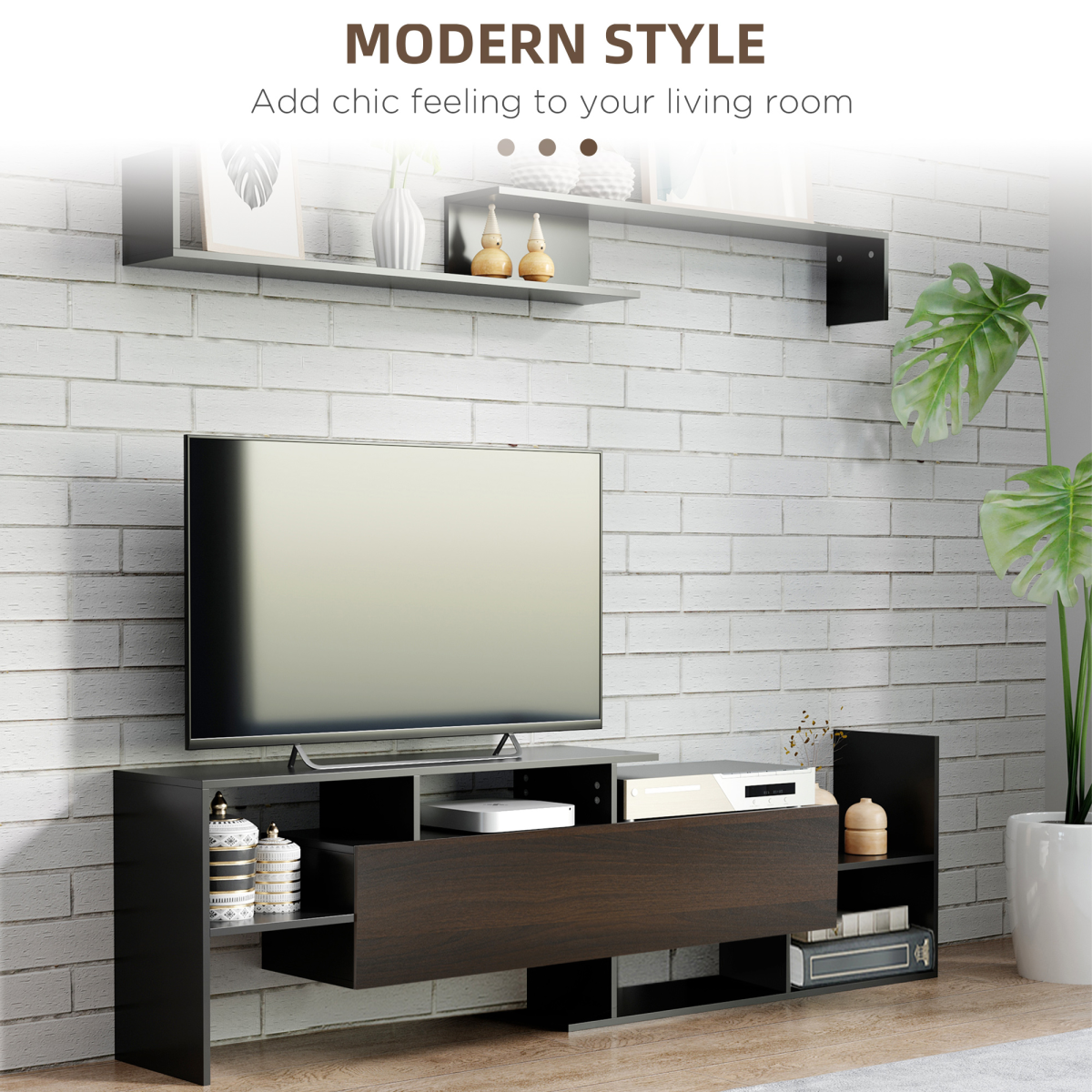 HOMCOM TV cabinet with concealed storage and open shelves, plus matching wall shelf for a two-piece modern living room.