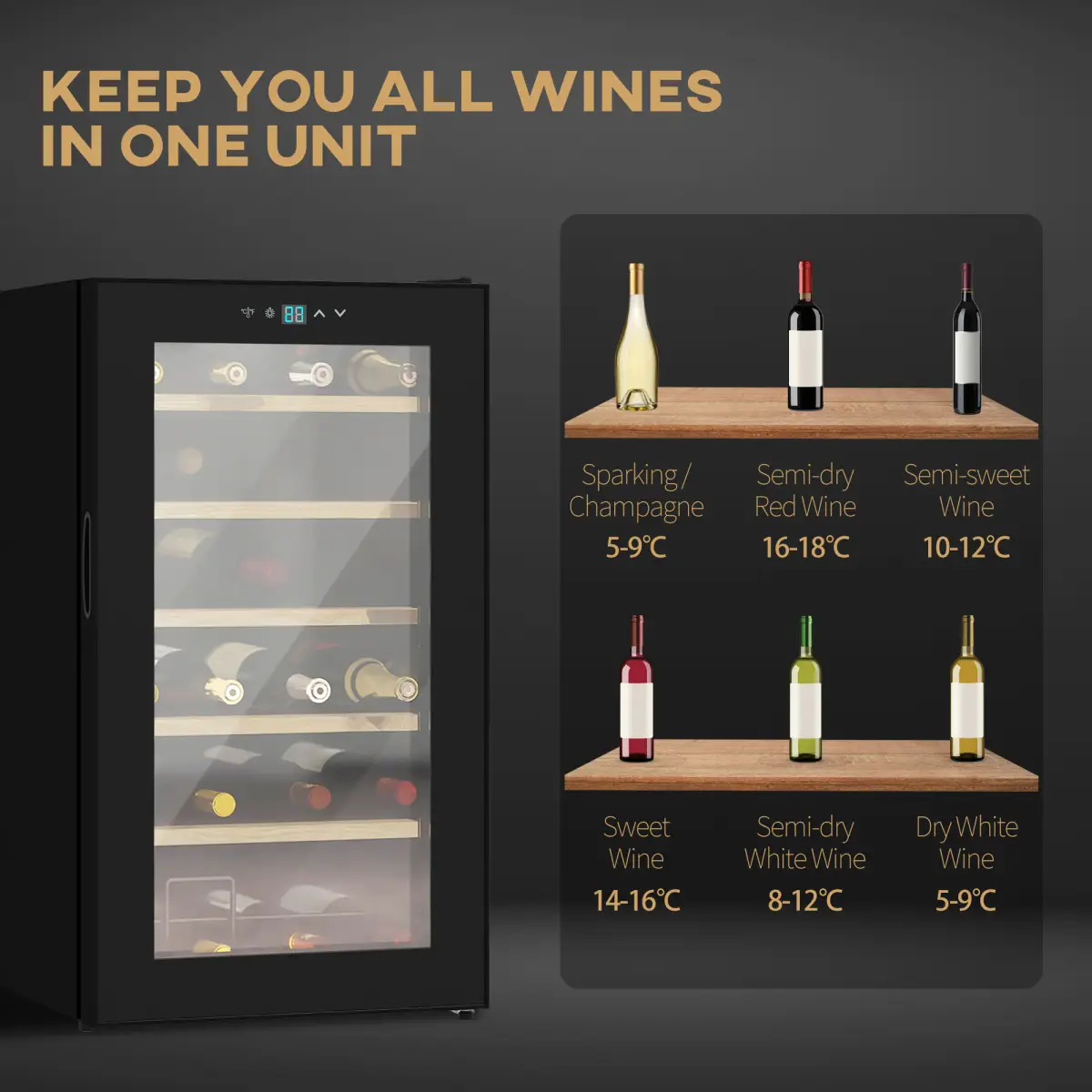 HOMCOM 24 Bottles Wine Fridge with Glass Door Digital Touch Screen Control LED Light - Wine Rack