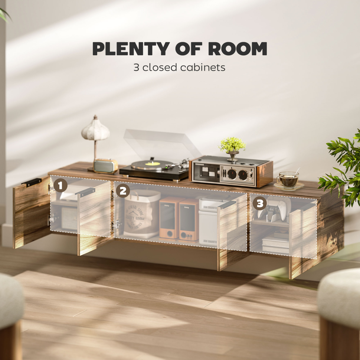 HOMCOM Floating TV Stand 65in in Rustic Brown Den with three cabinets and AV gear on top.