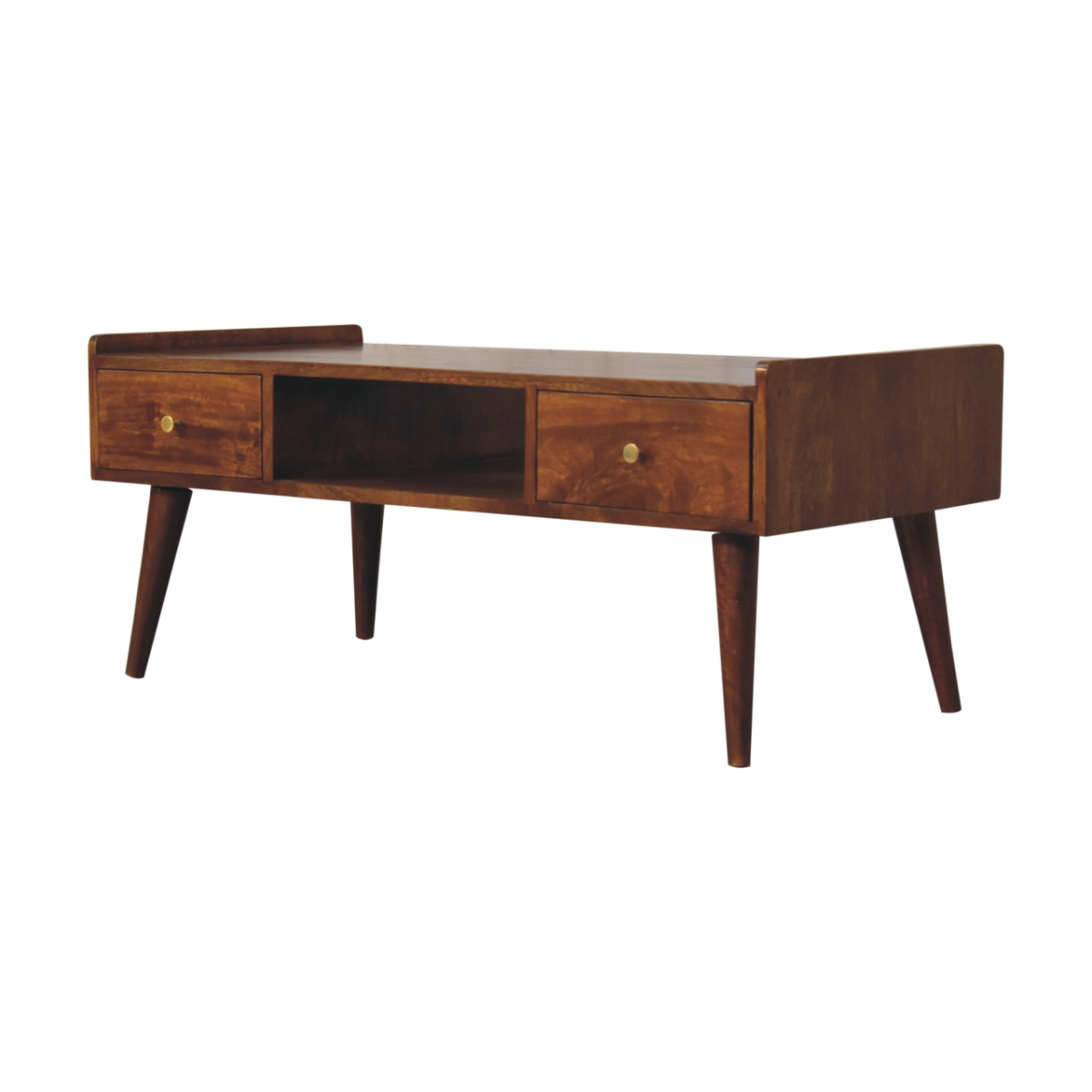 Artisan Media Unit wide chestnut-finish mango wood TV console with four Nordic-style legs, two drawers, and open shelf