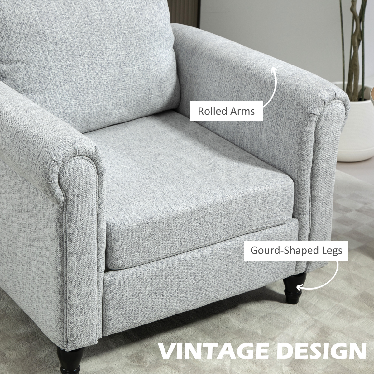 HOMCOM Vintage Chenille Armchair in light grey, medium-sized lounge with rolled arms and gourd-shaped legs.