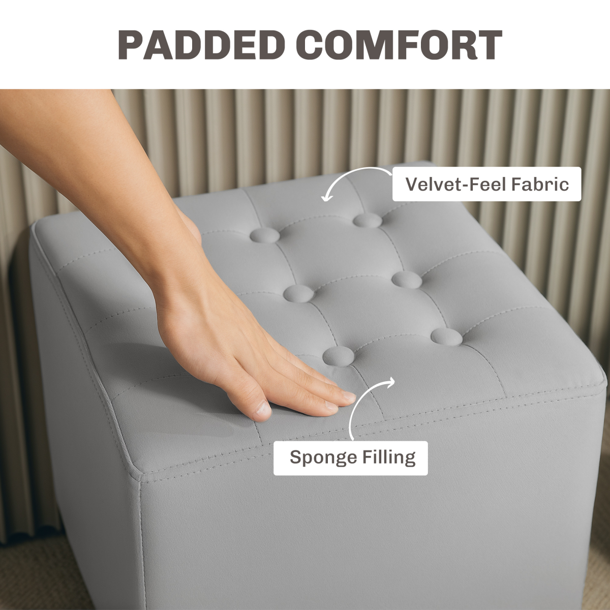 HOMCOM Compact Velvet Tufted Square Footstool With Wood Legs For Bedroom Light Grey - HOMCOM - Home Symphony