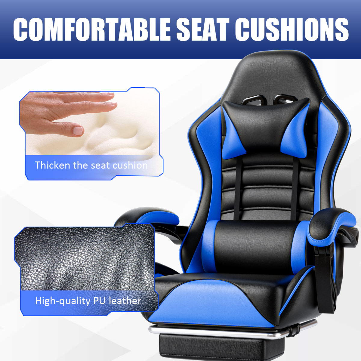 Pro Gaming Chair With Adjustable Lumbar Support For Adults from Home Symphony, blue/black with waterproof PU leather.