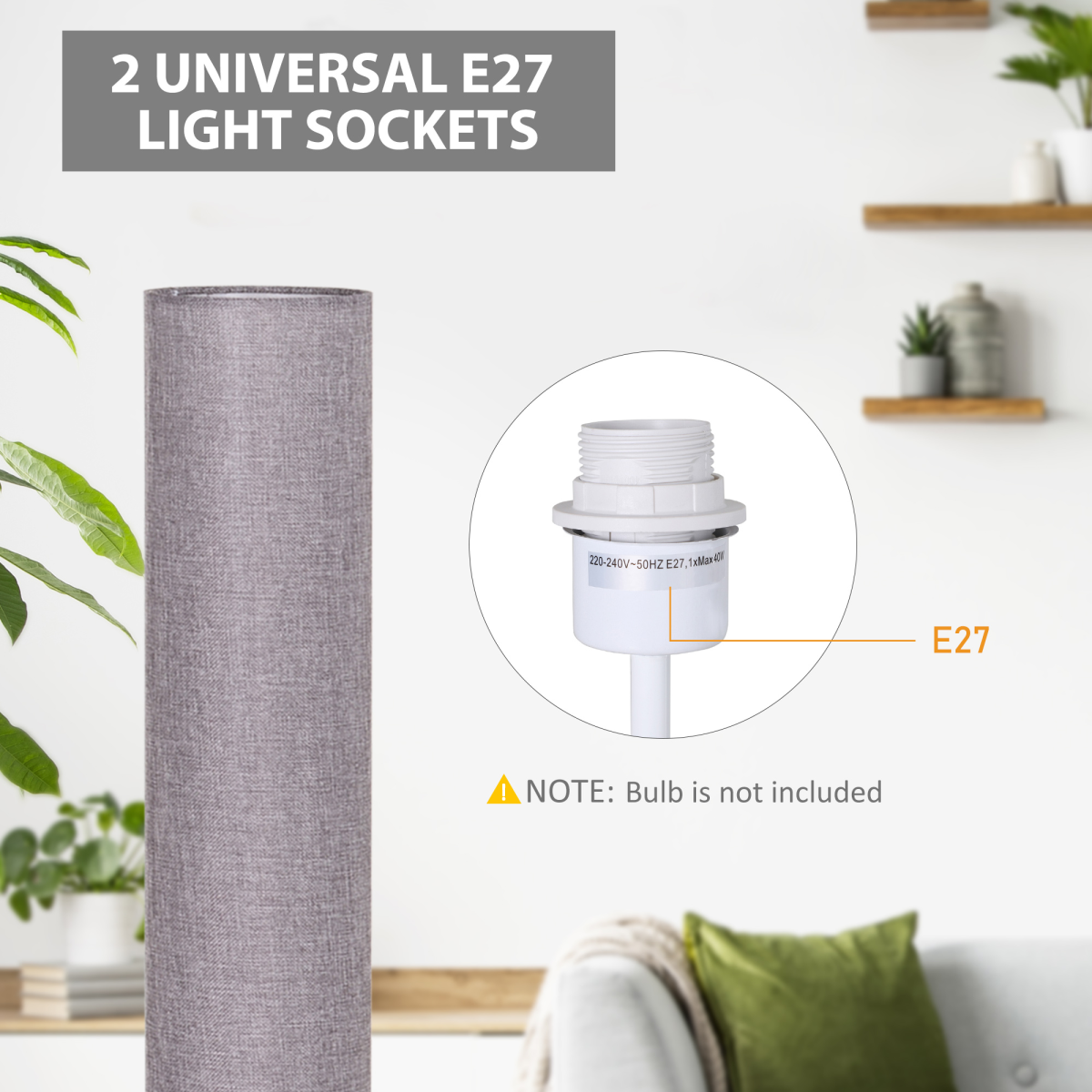 Stylish 120H cm Wooden Base Floor Lamp W/Linen Fabric-Grey with two E27 sockets for warm, soft lighting.