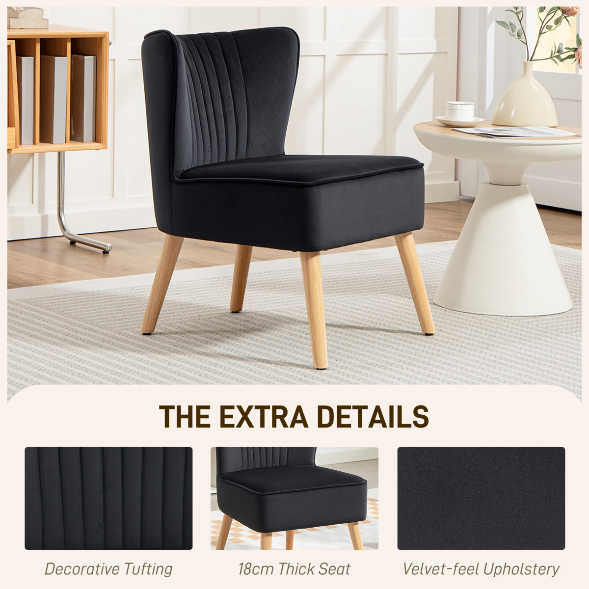 HOMCOM Velvet Tub Chair Compact Padding For Living Room in black velvet with wooden legs, living room decor.