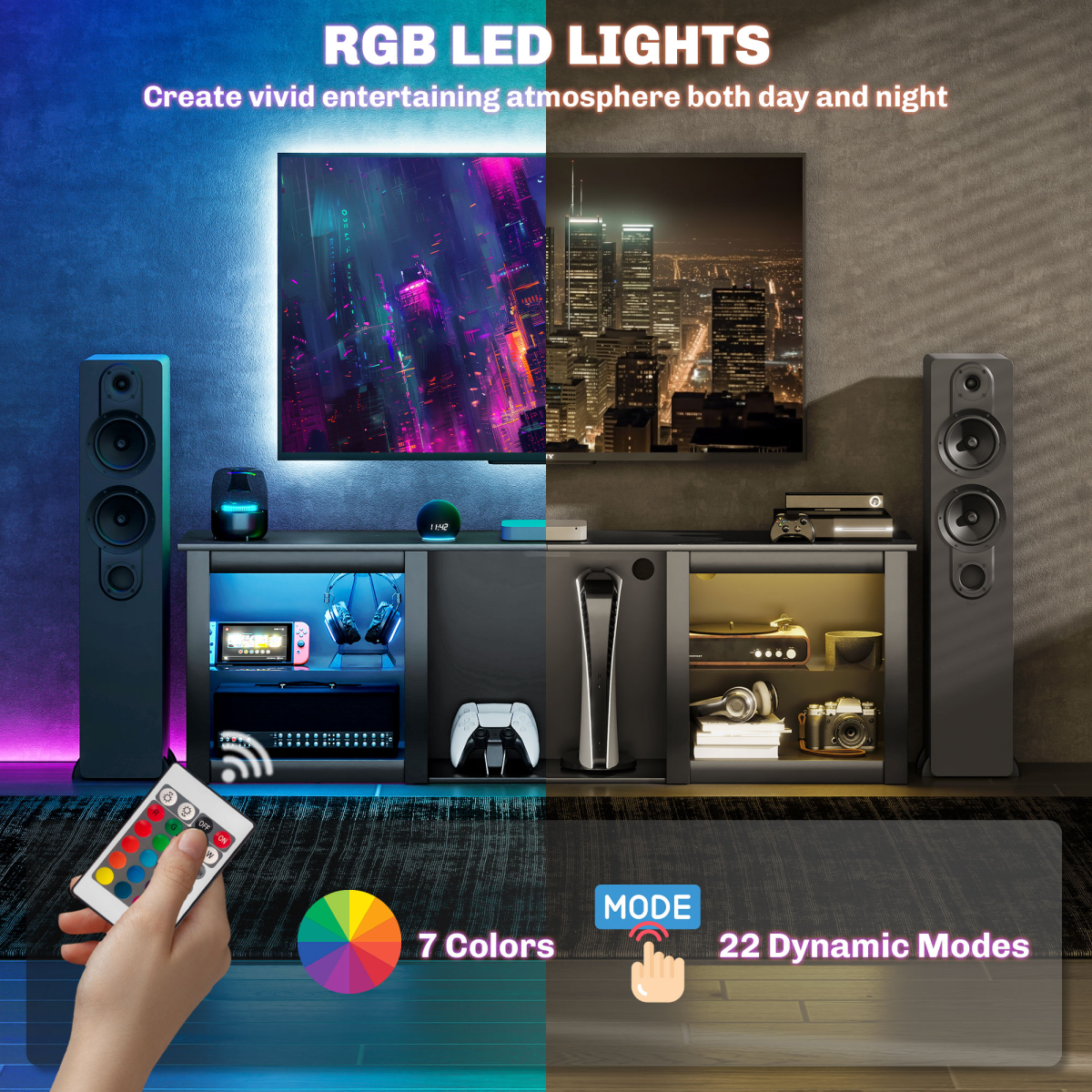 HOMCOM 160cm black TV unit with marble finish, supports up to 65-inch TVs, LED lighting with 7 colors and 22 modes.